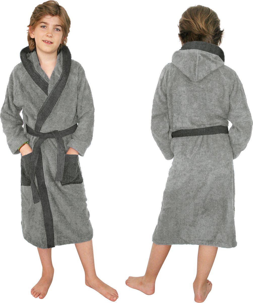 HOMELEVEL Badstof badjas voor kinderen 100% katoen voor meisjes en jongens Lichtgrijs Maat 164