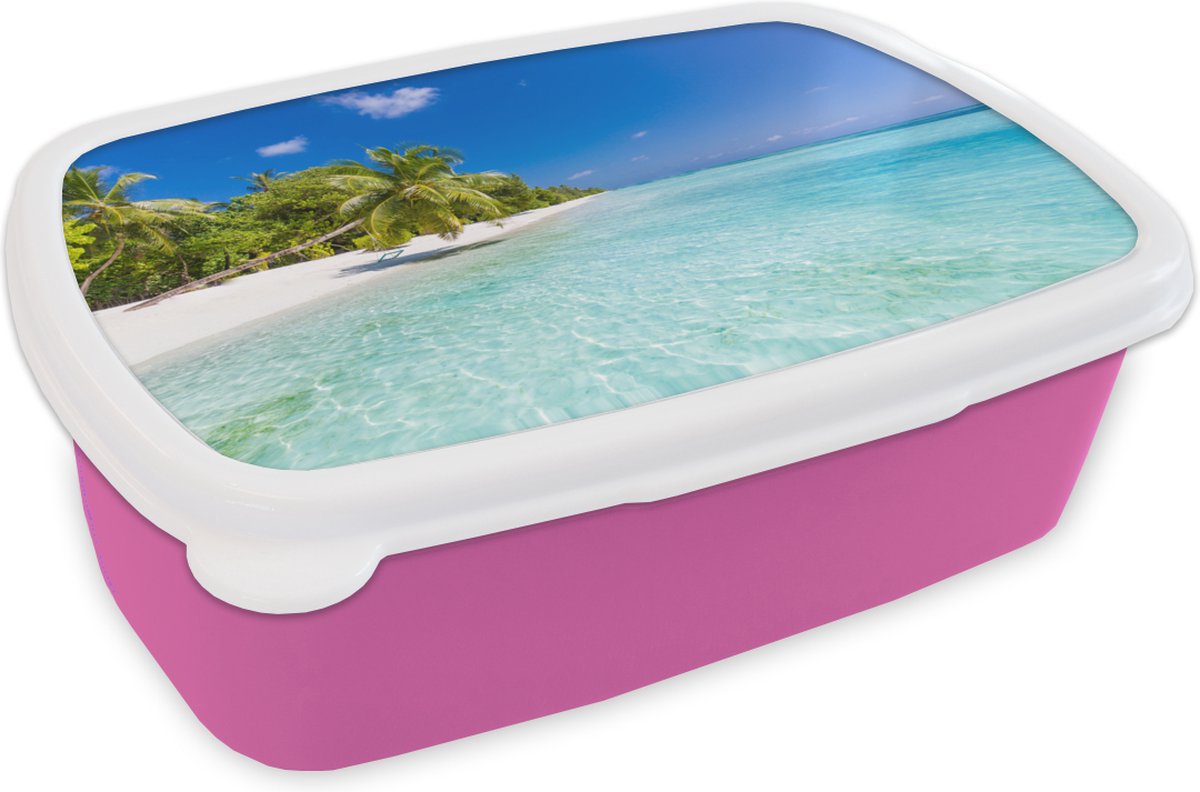 Broodtrommel Roze - Lunchbox - Brooddoos - Zee - Tropisch - Palmbomen - 18x12x6 cm - Kinderen - Meisje