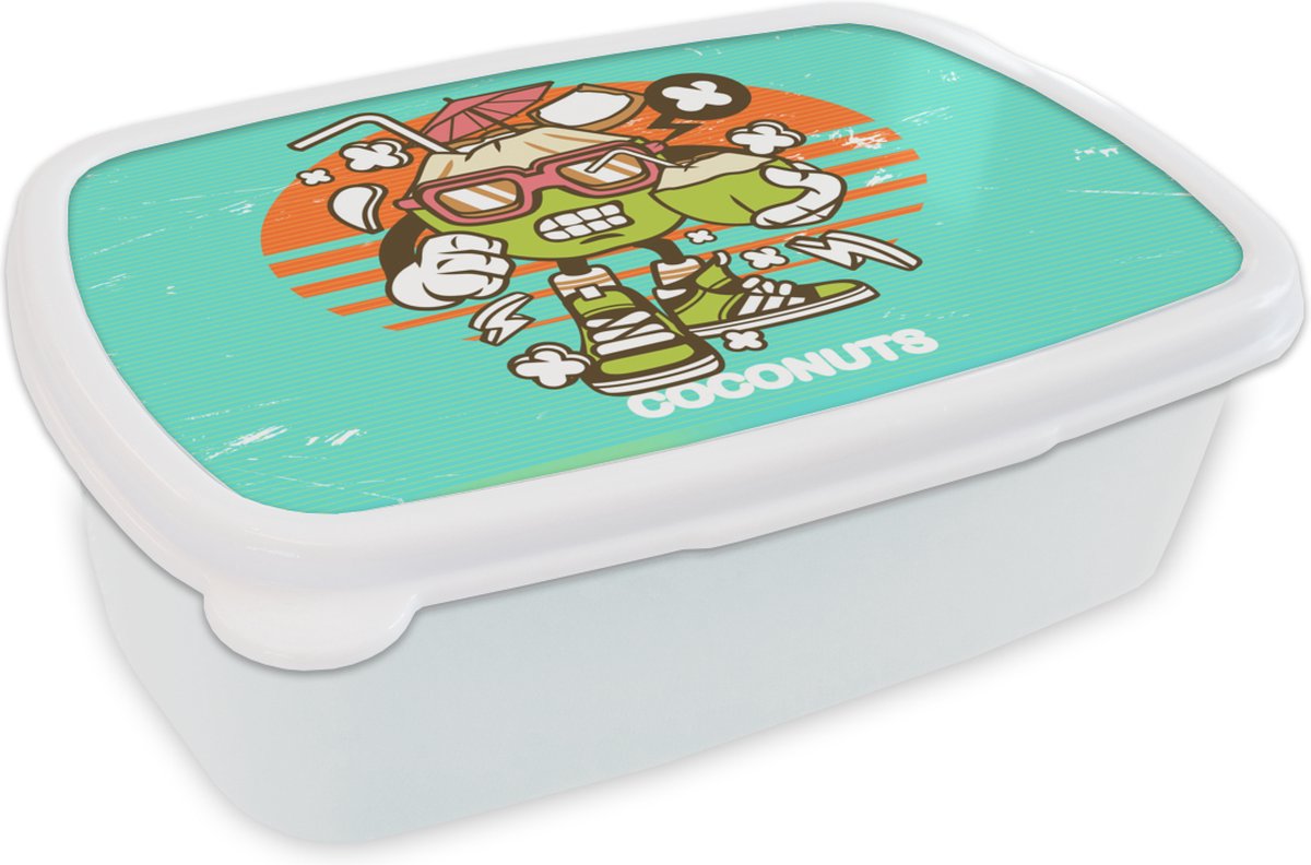 Broodtrommel Wit - Lunchbox - Brooddoos - Kokosnoot - Bril - Retro - 18x12x6 cm - Volwassenen
