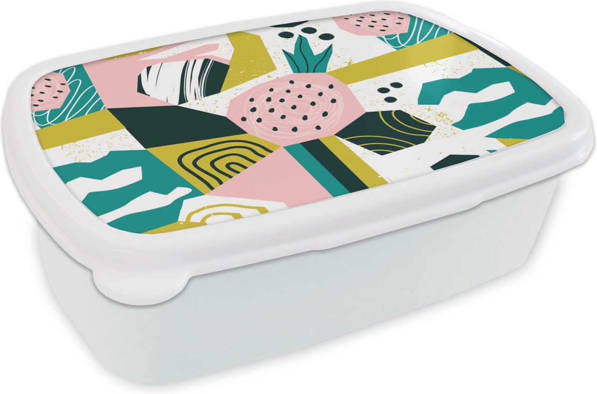 Broodtrommel Wit - Lunchbox - Brooddoos - Aardbeien - Patronen - Roze - 18x12x6 cm - Volwassenen