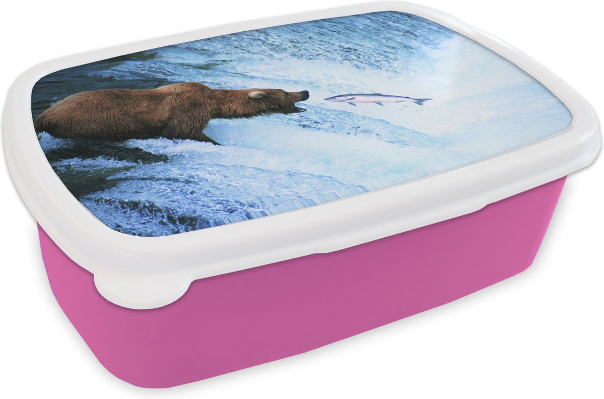 Broodtrommel Roze - Lunchbox - Brooddoos - Beer - Vis - Waterval - 18x12x6 cm - Kinderen - Meisje