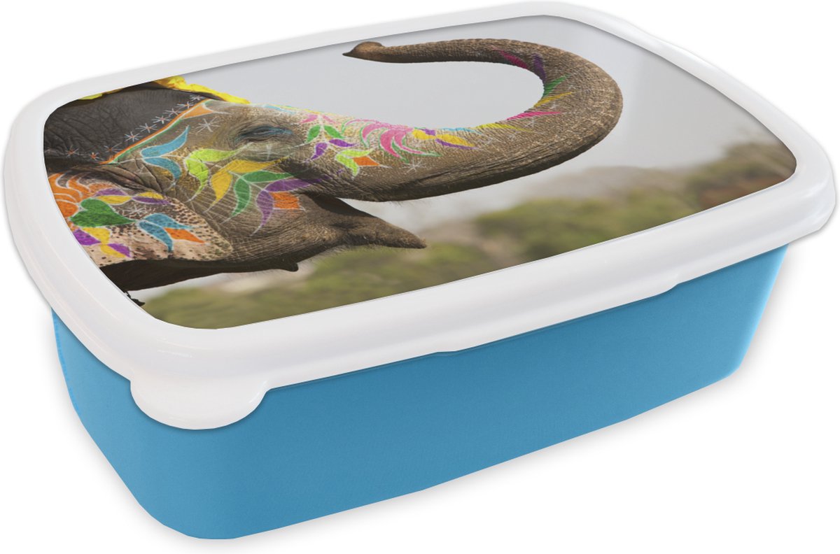 Broodtrommel Blauw - Lunchbox - Brooddoos - Olifant - Kunst - India - 18x12x6 cm - Kinderen - Jongen