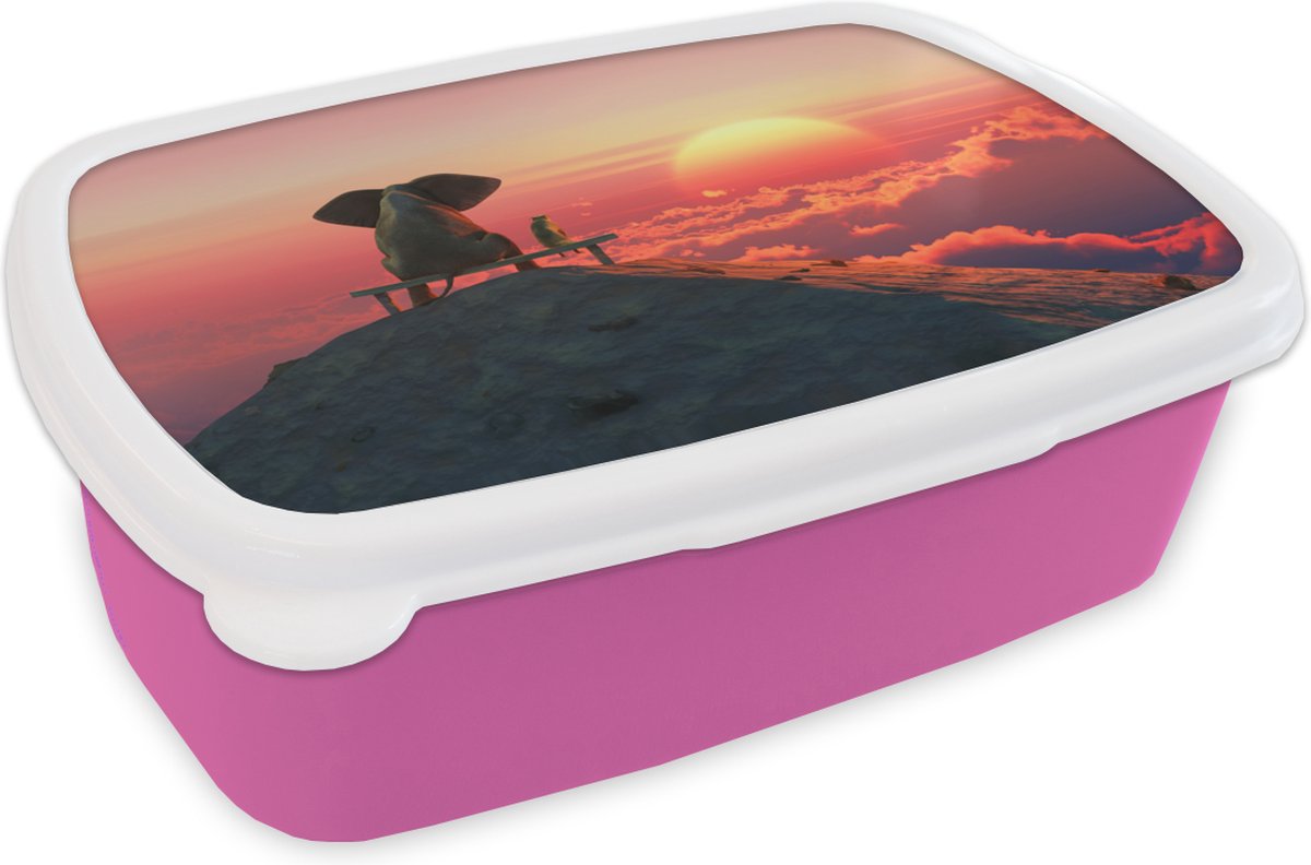 Broodtrommel Roze - Lunchbox - Brooddoos - Hond - Olifant - Berg - 18x12x6 cm - Kinderen - Meisje