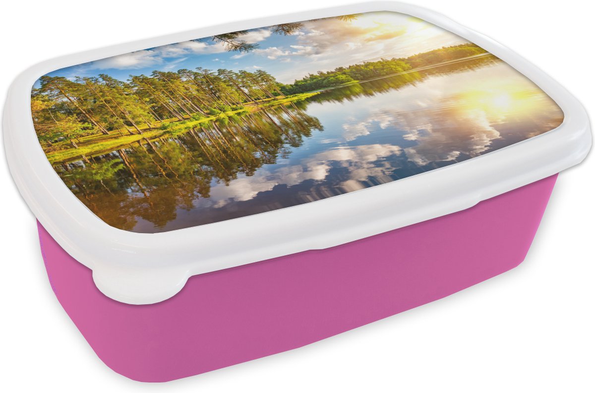Broodtrommel Roze - Lunchbox - Brooddoos - Zon - Water - Bomen - 18x12x6 cm - Kinderen - Meisje