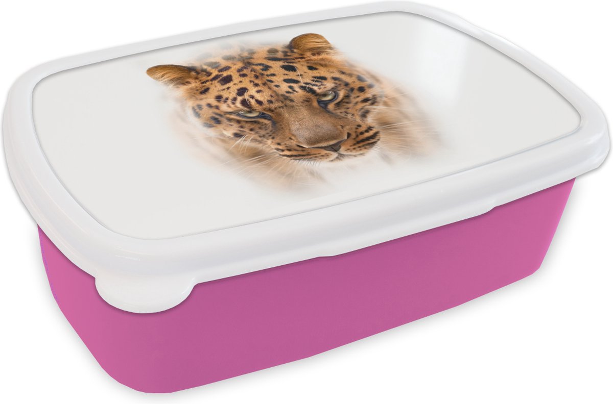 Broodtrommel Roze - Lunchbox - Brooddoos - Luipaard - Wit - Gezicht - 18x12x6 cm - Kinderen - Meisje
