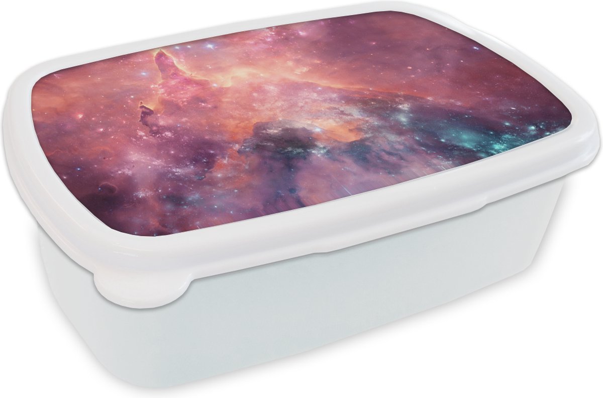 Broodtrommel Wit - Lunchbox - Brooddoos - Ruimte - Oranje - Sterren - 18x12x6 cm - Volwassenen