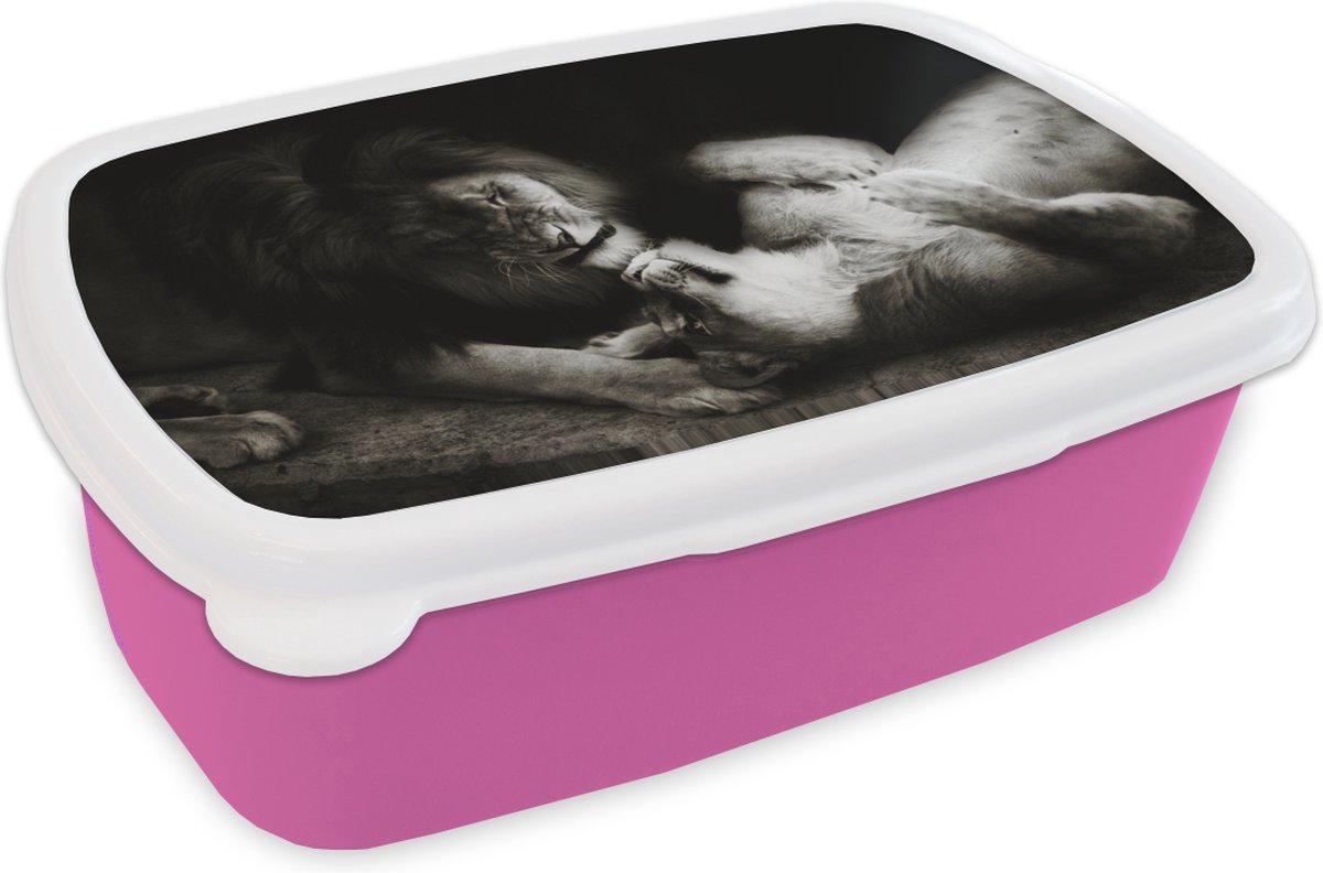 Broodtrommel Roze - Lunchbox - Brooddoos - Leeuw - Zwart - Wit - 18x12x6 cm - Kinderen - Meisje