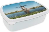 Broodtrommel Wit - Lunchbox - Brooddoos - Molen - Bloemen - Water - Nederland - 18x12x6 cm - Volwassenen
