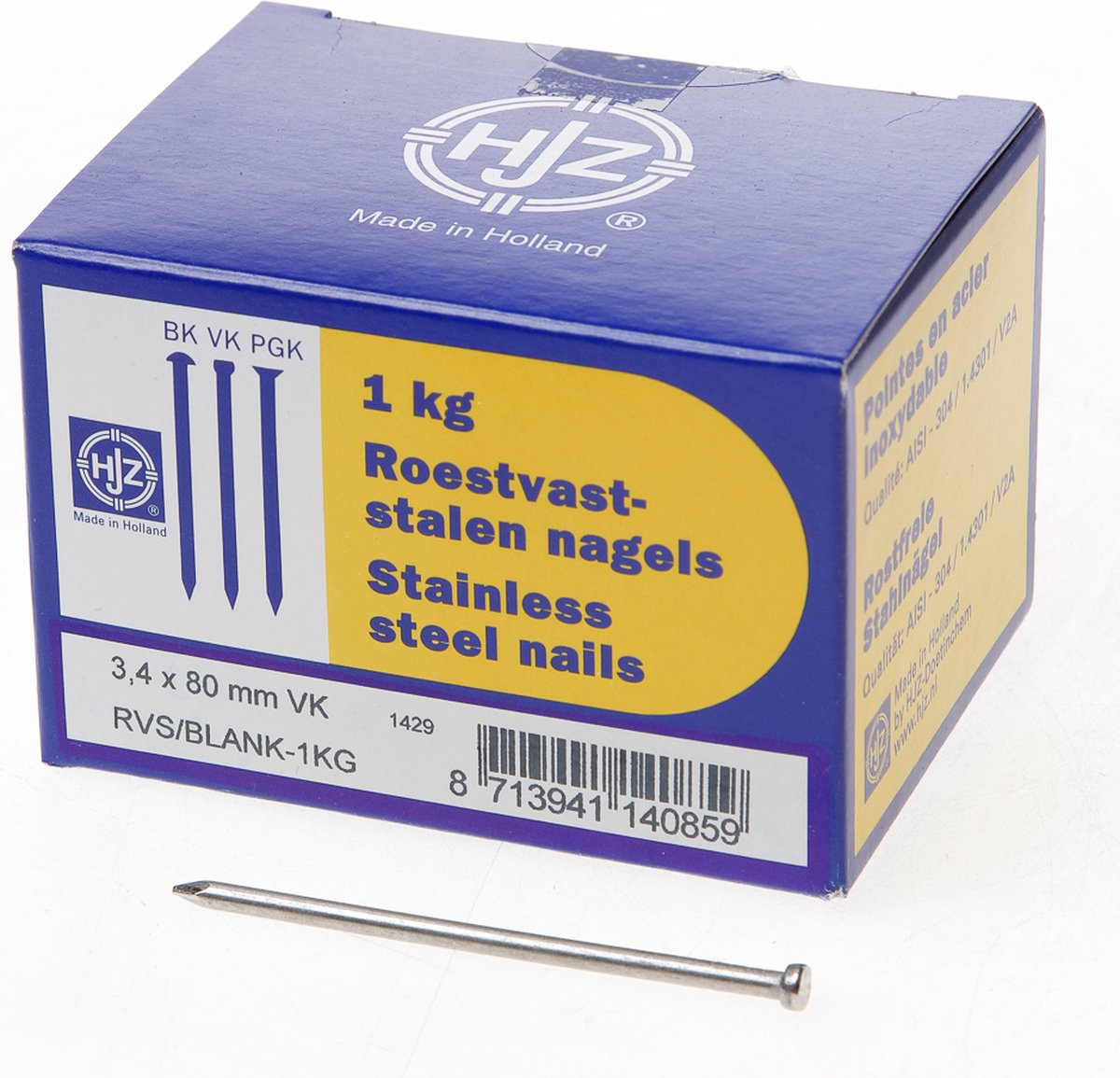 Hjz RVS nagels verloren kop 3.4 x 80mm 1kg