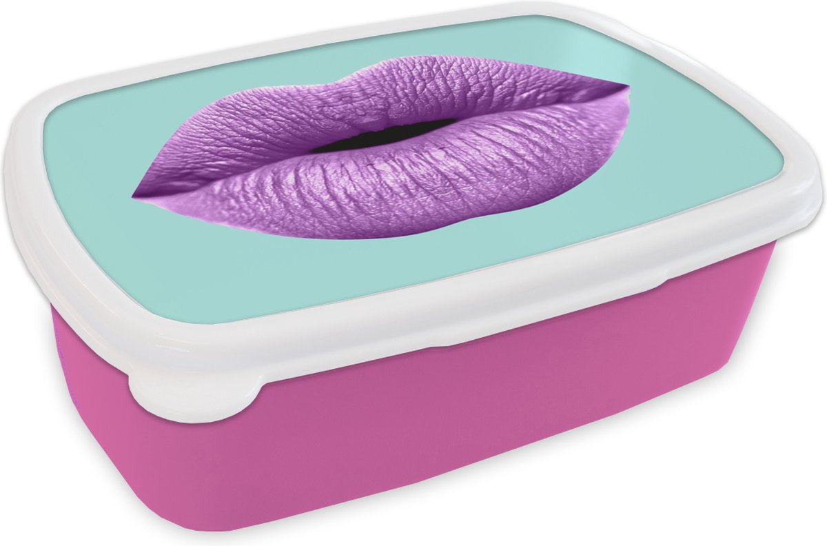 Broodtrommel Roze - Lunchbox - Brooddoos - Lippen - Pastel - Paars - 18x12x6 cm - Kinderen - Meisje