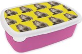 Broodtrommel Roze - Lunchbox - Brooddoos - Kat - Patroon - Geel - 18x12x6 cm - Kinderen - Meisje