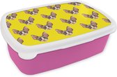 Broodtrommel Roze - Lunchbox - Brooddoos - Huisdier - Patronen - Geel - 18x12x6 cm - Kinderen - Meisje