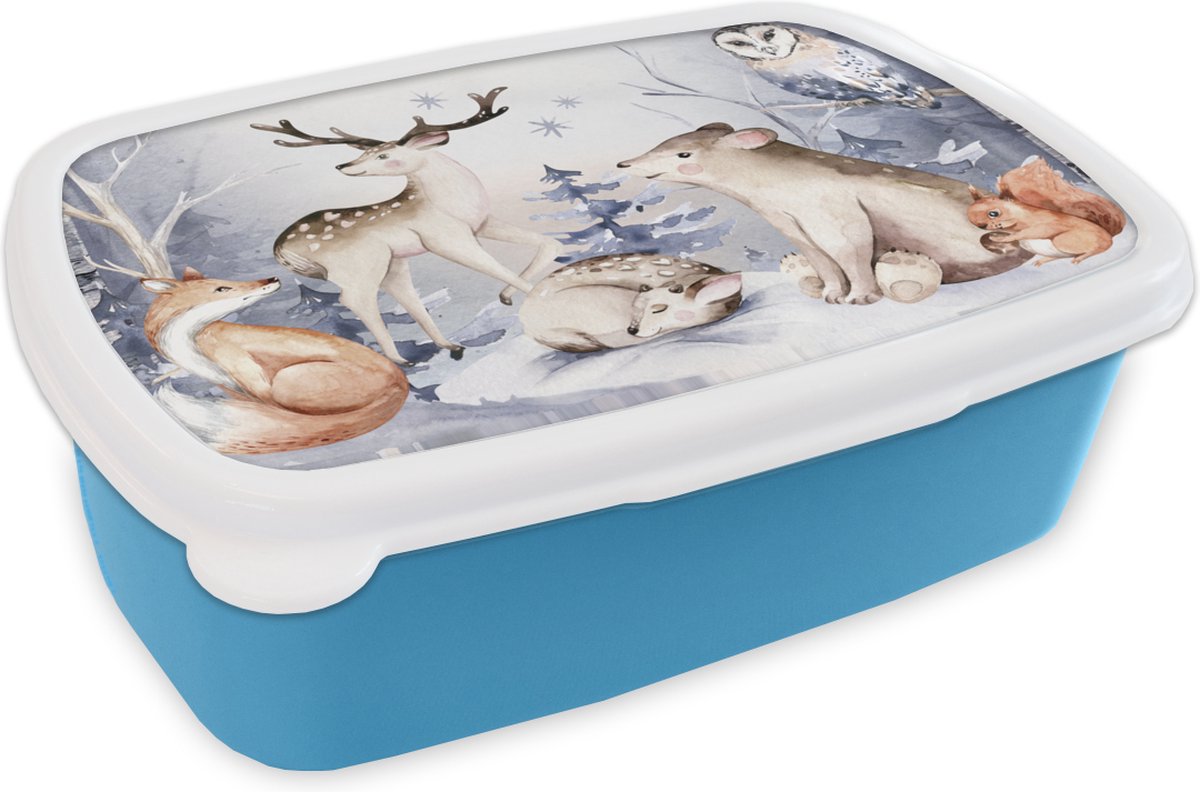 Broodtrommel Blauw - Lunchbox - Brooddoos - Winter - Dieren - Sneeuw - 18x12x6 cm - Kinderen - Jongen