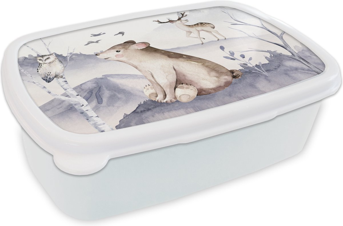 Broodtrommel Wit - Lunchbox - Brooddoos - Winter - Sneeuw - Dieren - 18x12x6 cm - Volwassenen
