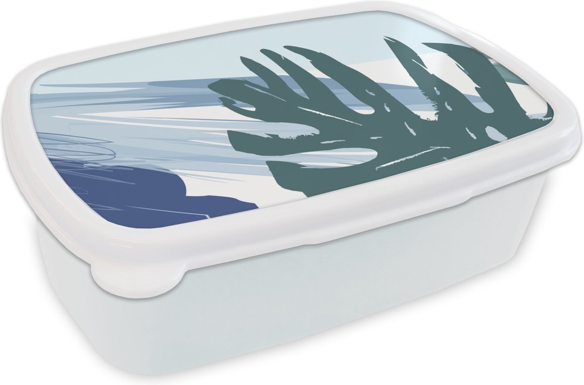 Broodtrommel Wit - Lunchbox - Brooddoos - Zomer - Blad - Blauw - 18x12x6 cm - Volwassenen