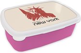 Broodtrommel Roze - Lunchbox - Brooddoos - New York - Rood - Vrijheidsbeeld - 18x12x6 cm - Kinderen - Meisje