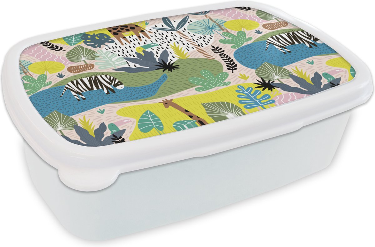 Broodtrommel Wit - Lunchbox - Brooddoos - Jungle - Natuur - Kleuren - 18x12x6 cm - Volwassenen