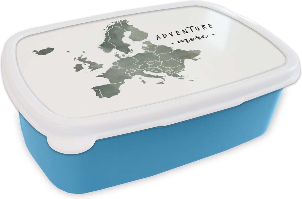 Broodtrommel Blauw - Lunchbox - Brooddoos - Kaart Europa - Quotes - Aquarelverf - 18x12x6 cm - Kinderen - Jongen