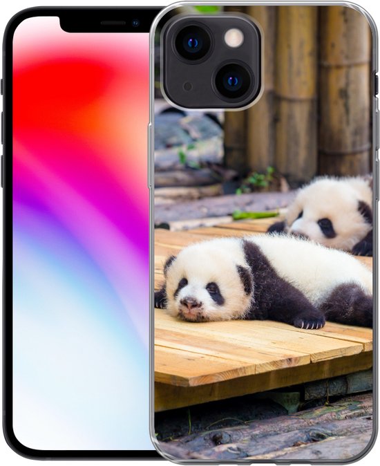 Coque iPhone 13 mini - Pandas - Sol - Bois - Siliconen
