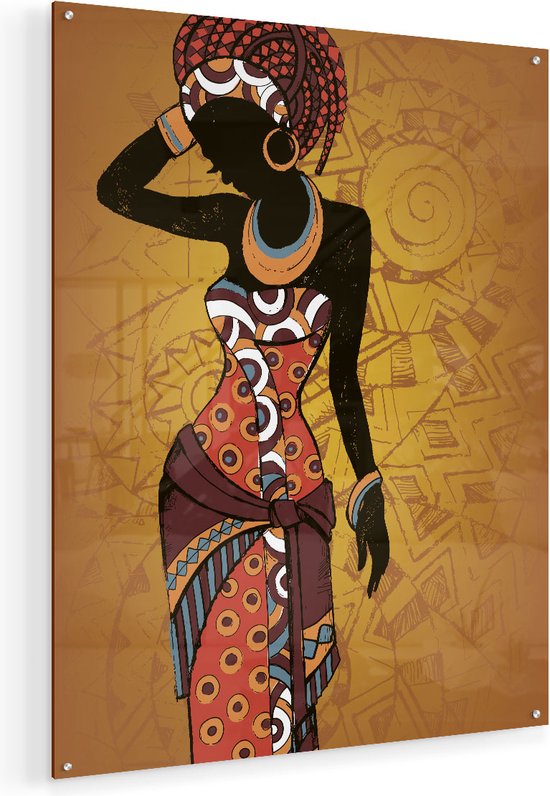 Artaza Glasschilderij - Getekende Afrikaanse Vrouw - Abstract - 80x100 - Groot - Plexiglas Schilderij - Foto op Glas