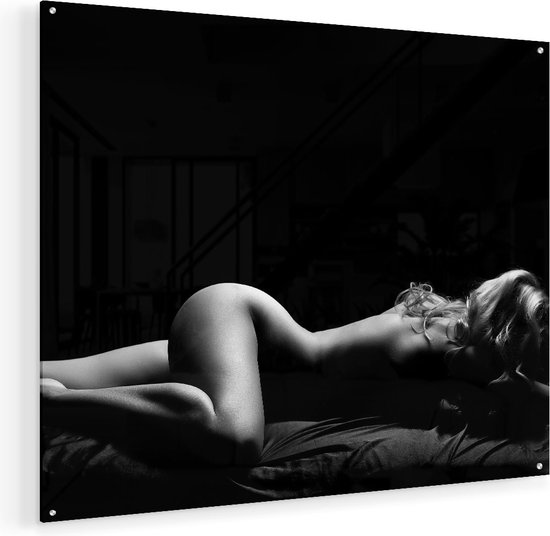 Peinture sur verre Artaza - femme nue au lit - Erotiek - Zwart Wit - 100 x 80 - Groot - peinture en plexiglas - Photo sur Glas
