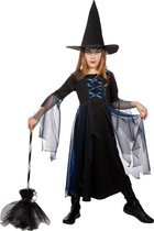Heks & Spider Lady & Voodoo & Duistere Religie Kostuum | Akelige Heks Blauw Met Hoed | Meisje | Maat 104 | Halloween | Verkleedkleding