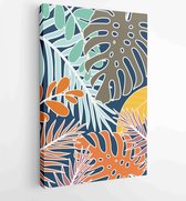 Canvas schilderij - Earth tone background foliage line art drawing with abstract shape and watercolor 4 -    – 1919347673 - 80*60 Vertical