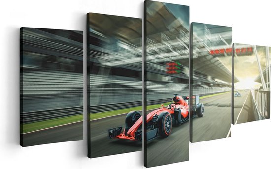 Artaza Canvas Schilderij Vijfluik Formule 1 Auto bij de Finish in het Rood - 100x50 cm - Wanddecoratie Woonkamer - Schilderijen - Muurdecoratie
