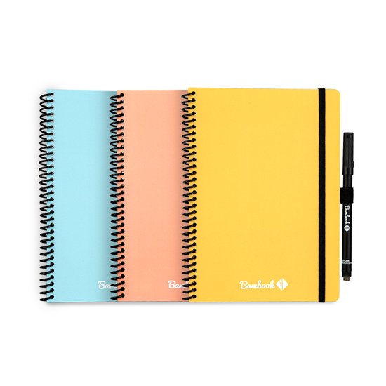 Cahier effaçable coloré Bambook - Blauw - Couverture souple - A5 - Ligné - Cahier tableau blanc durable et réutilisable - Avec 1 marqueur gratuit