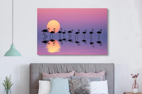 Flamants roses marchant dans l'eau d'été chauffée 180x120 cm - Tirage photo sur toile (Décoration murale salon / chambre) XXL / Groot format!
