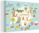 Canvas Wereldkaart - 90x60 - Wanddecoratie Wereldkaart Kinderen - Australië - Kleuren