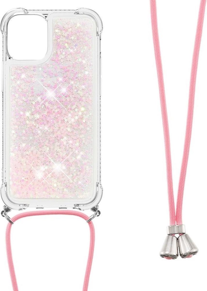 Lunso - Backcover hoes met koord - Geschikt voor iPhone 13 Pro - Glitter Rose Zilver