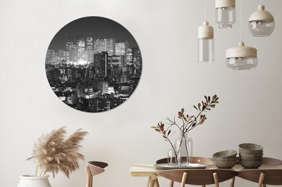 WallCircle - Wandcirkel ⌀ 90 - Wolkenkrabber - Zwart - Wit - Nacht - Ronde schilderijen woonkamer - Wandbord rond - Muurdecoratie cirkel - Kamer decoratie binnen - Wanddecoratie muurcirkel - Woonaccessoires