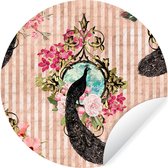 WallCircle - Muurstickers - Behangcirkel - Pauw - Roze - Bloemen - 50x50 cm - Muurcirkel - Zelfklevend - Ronde Behangsticker