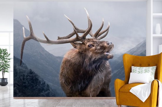 Papier peint photo peint photo vinyle - Double exposition cerf et montagnes largeur 360 cm x hauteur 260 cm - Tirage photo sur papier peint (disponible en 7 tailles)