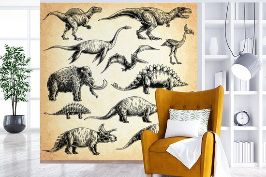 Behang - Fotobehang Dinosaurus - Vintage - Tekening - Kinderen - Jongens - Kids - Kindje - Breedte 300 cm x hoogte 300 cm