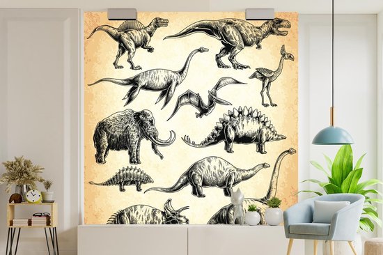 Behang - Fotobehang Dinosaurus - Vintage - Tekening - Kinderen - Jongens - Kids - Kindje - Breedte 300 cm x hoogte 300 cm