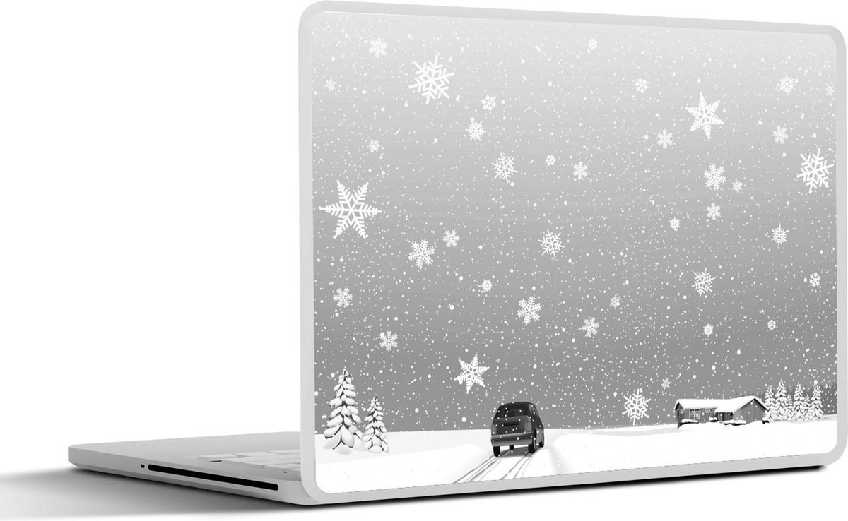 Afbeelding van product SleevesAndCases  Laptop sticker - 14 inch - een auto in een besneeuwd landschap - zwart wit