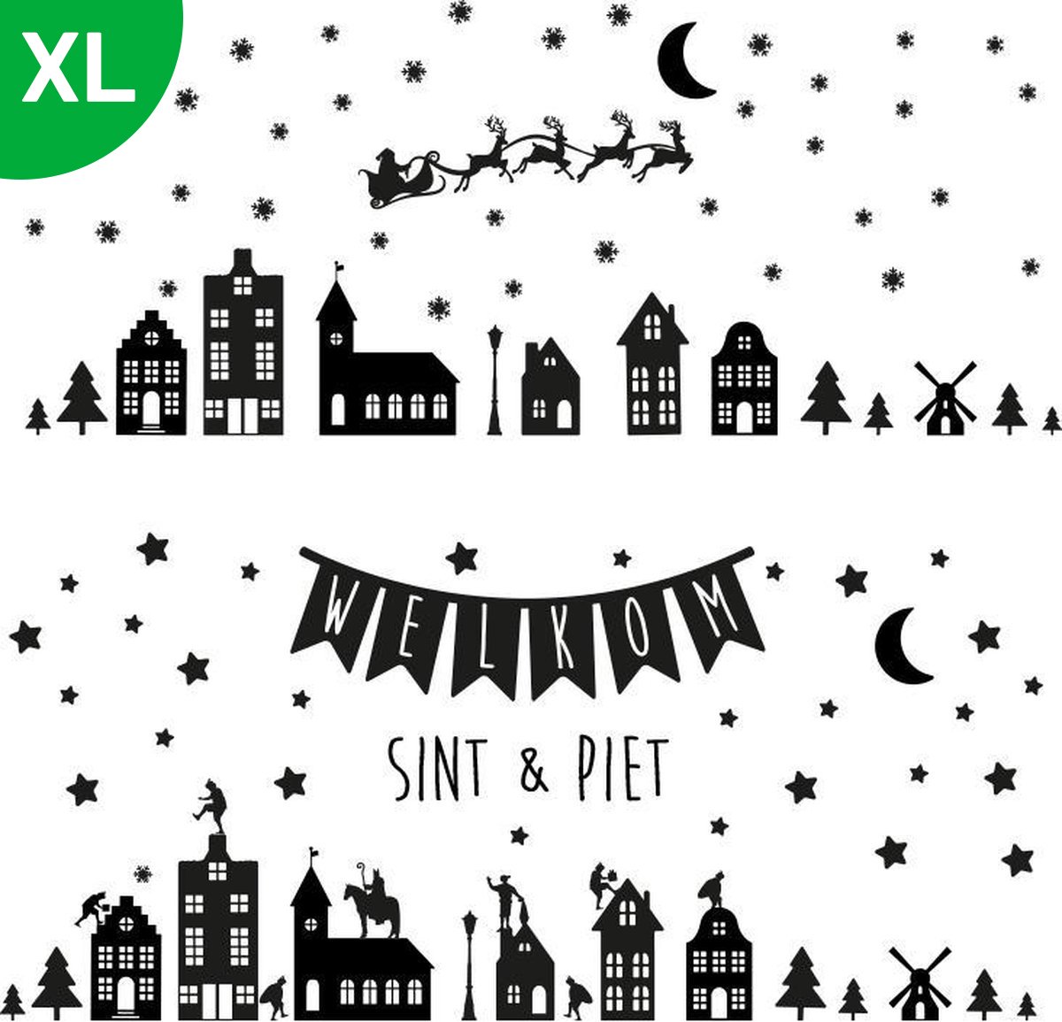 Raamsticker Kerst & Sinterklaas XL Herbruikbaar | 160 x 75 cm Zwart | Kerst Raamstickers | Raamdecoratie Kerst | - Plakkers