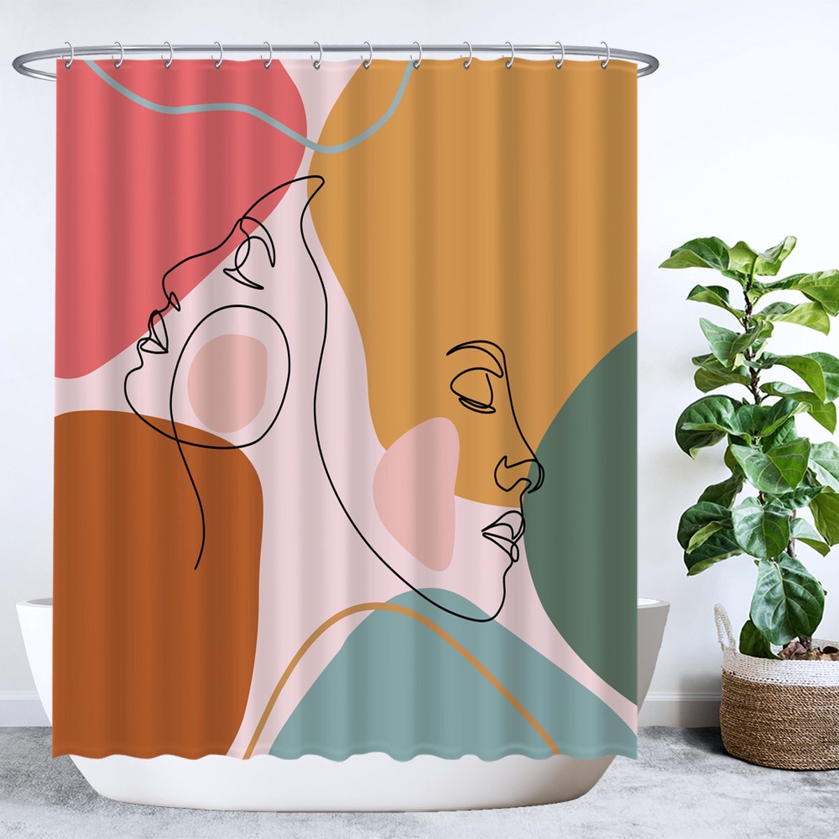 Ulticool Douchegordijn - Gezichten Abstract Aesthetic Emotie - 180 x 200 cm - semi Transparant - met 12 Ringen Wit - anti Schimmel - Oker Roze Bruin Groen