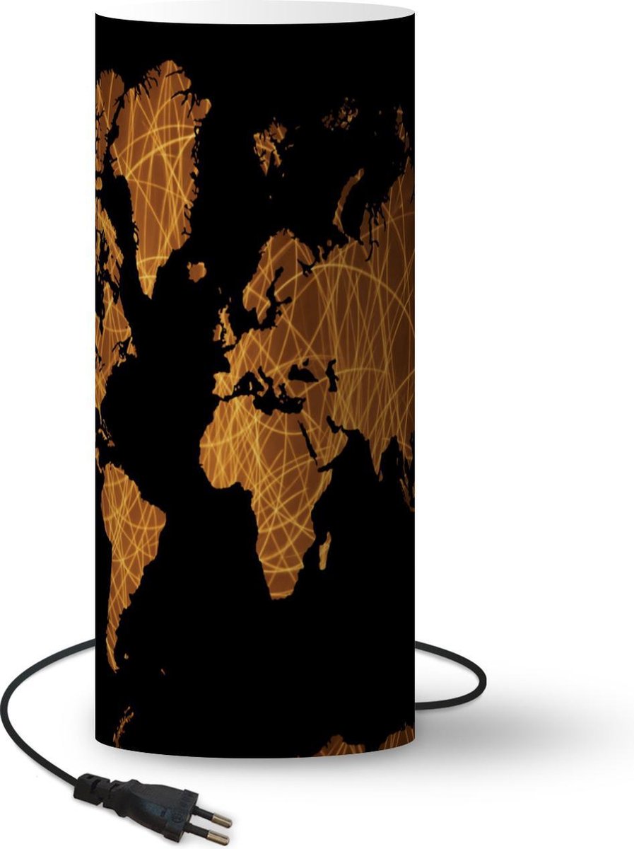Lamp - Nachtlampje - Tafellamp slaapkamer - Wereldkaart - Abstract - Bruin - 33 cm hoog - Ø14.3 cm - Inclusief LED lamp