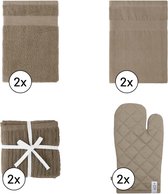 EM Kitchen Keukentextiel Set – Taupe - 8-delig – 2 Theedoeken + 2 Keukendoeken + 2 Vaatdoeken + 2 Ovenwanten