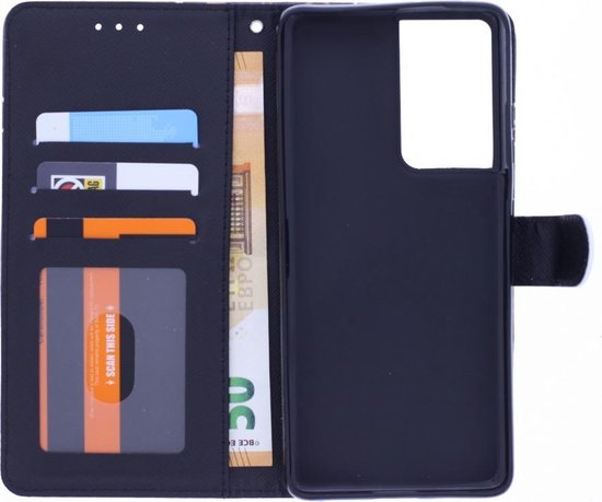 Intérieur d'un étui de téléphone avec des fentes pour cartes et argent, et un support noir pour le téléphone.