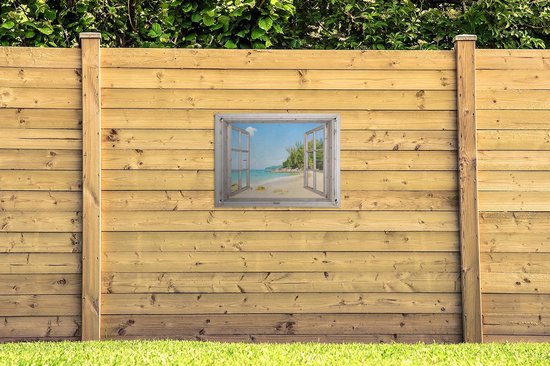 Tuinposter 80x60 cm - Tuindecoratie Doorkijk - Strand - Zand - Poster voor in de tuin - Buiten decoratie - Schutting tuinschilderij - Tuindoek muurdecoratie - Wanddecoratie balkondoek