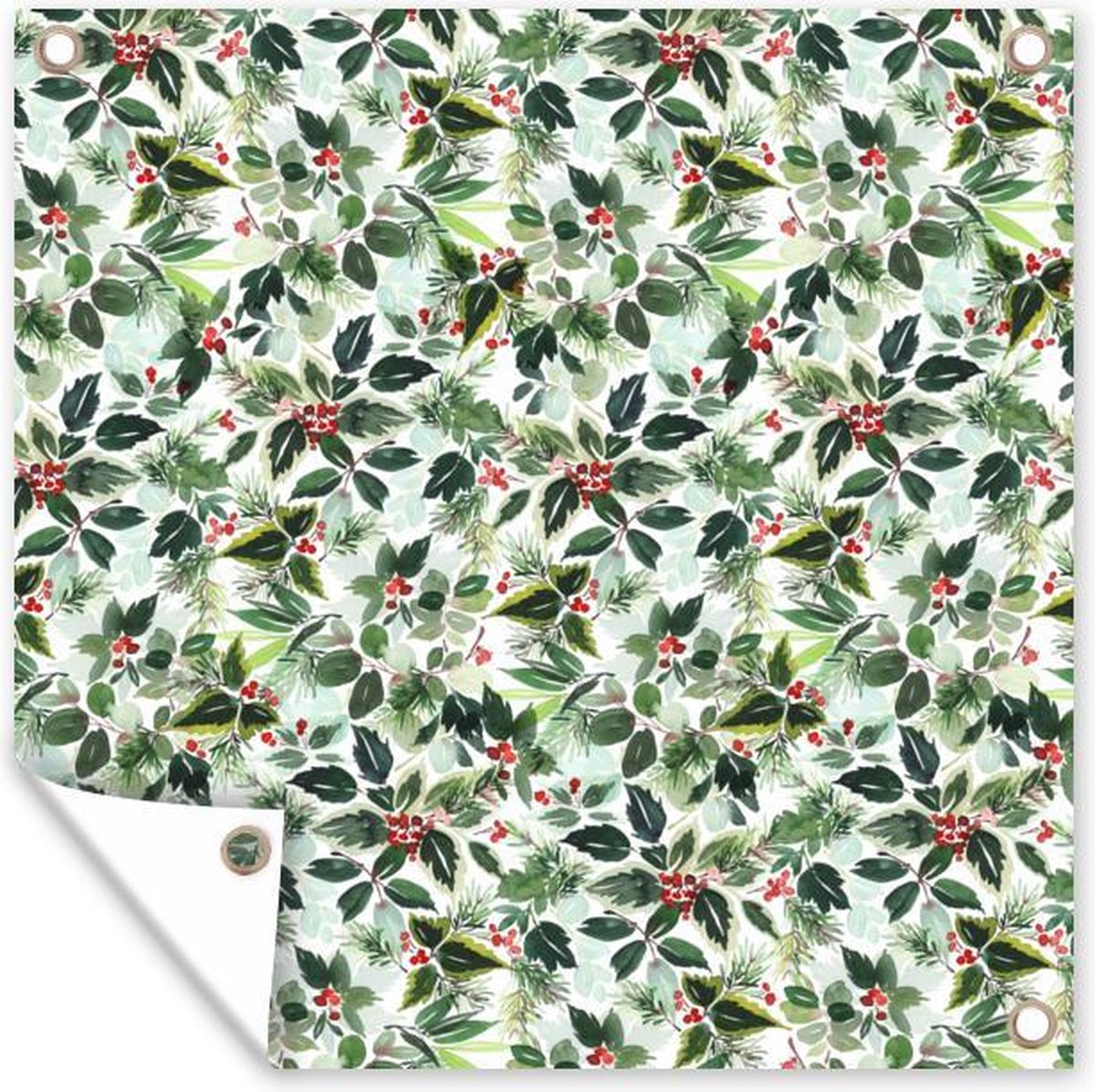 Tuinposter met waterverf kerstpatroon van maretakken op 50x50 cm doek.