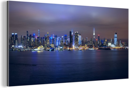 Wanddecoratie Metaal - Aluminium Schilderij Industrieel - New York - Skyline - Nacht - 160x80 cm - Dibond - Foto op aluminium - Industriële muurdecoratie - Voor de woonkamer/slaapkamer