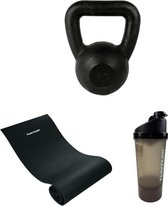 Tunturi - Fitness Set - Kettlebell 12 kg - Fitnessmat 160 x 60 x 0,7 cm - Shakebeker