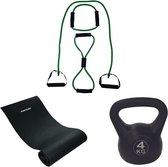Tunturi - Fitness Set - Kettlebell 4 kg - Fitnessmat 160 x 60 x 0,7 cm - Tubing Set Groen
