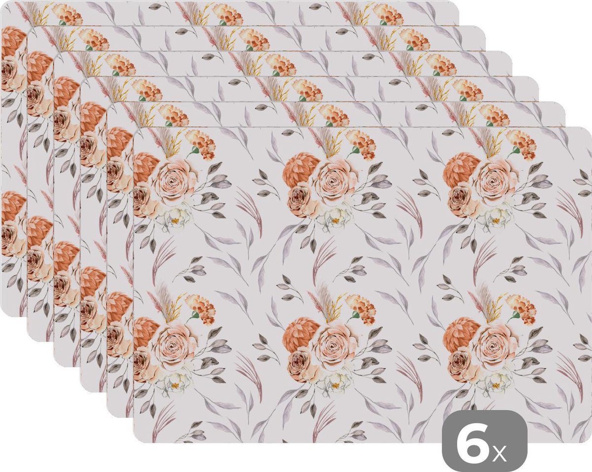 Placemat - Placemats kunststof - Bloemen - Bladeren - Bohemian decoratie - 45x30 cm - 6 stuks - Hittebestendig - Anti-Slip - Onderlegger - Afneembaar