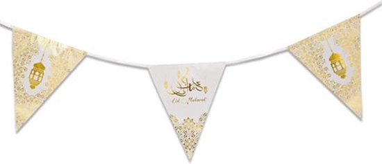 Eid Mubarak thema vlaggenlijn/slinger wit/goud 6 meter - Suikerfeest/Offerfeest versieringen/decoraties - Zin El Afrah